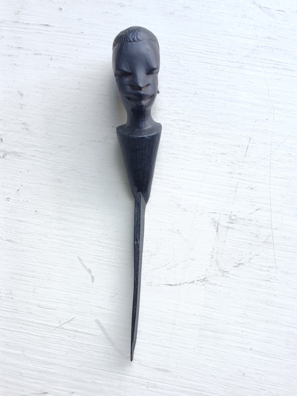 Carved Black Wooden Letter Opener with Decorative Head Handle - African / AS IS